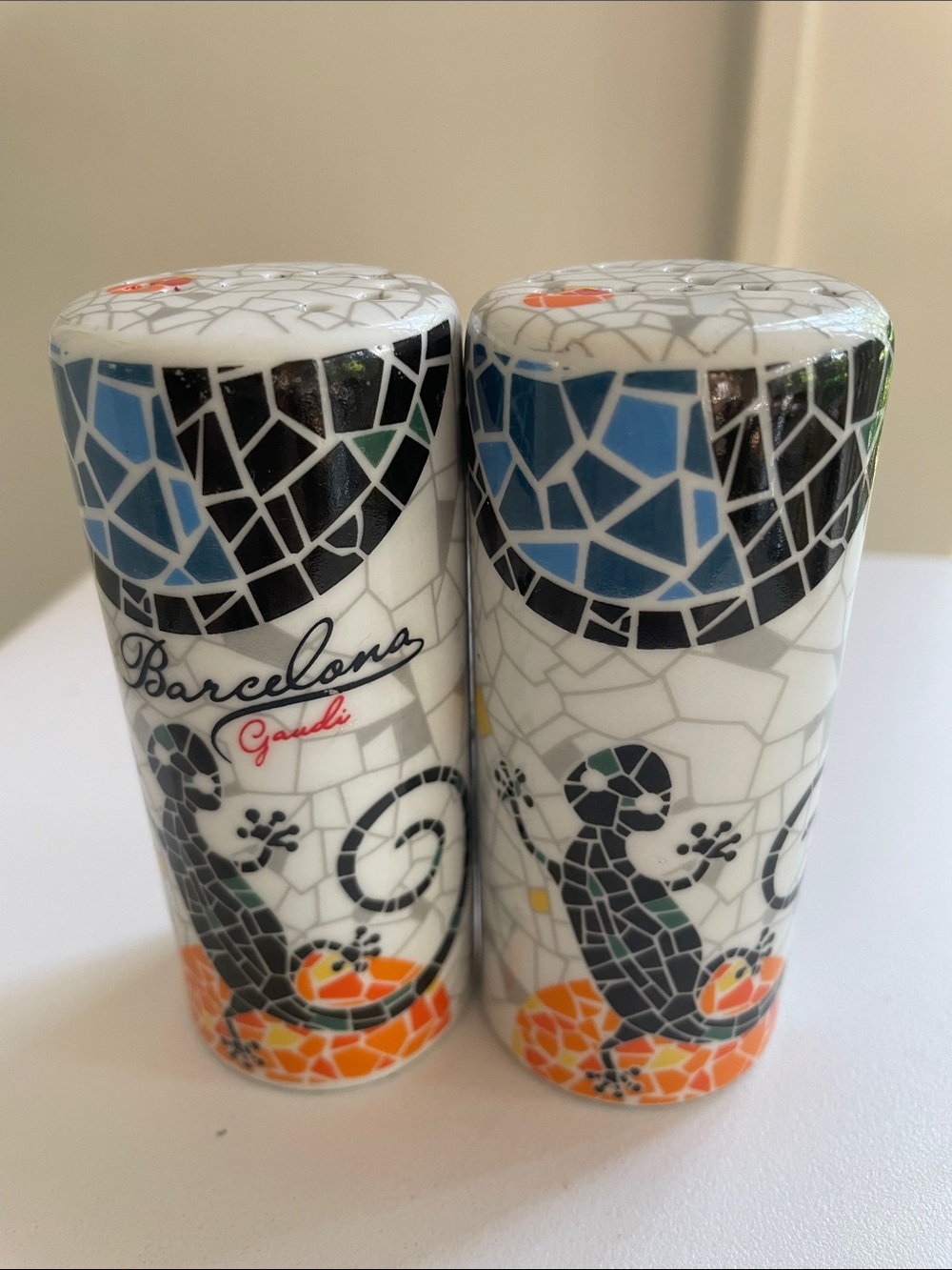 Mosaic Lizard Salt and Pepper Shakers - White, Black, Blue, Orange